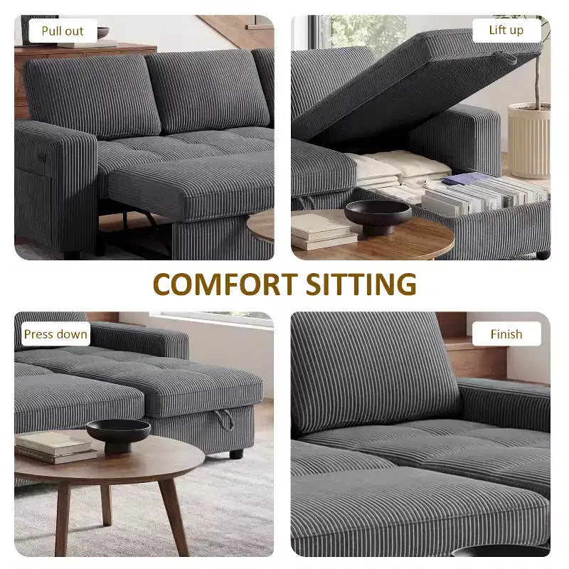 Divano Letto Angolare a L da 81" con Chaise Longue Contenitore, Porta USB e Schienale Regolabile