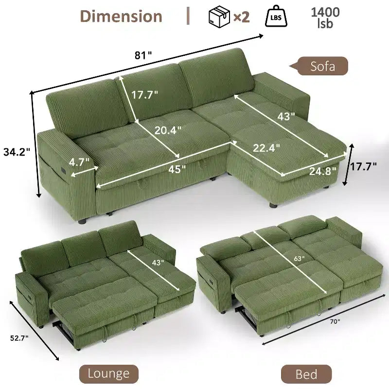 Divano Letto Angolare a L da 81" con Chaise Longue Contenitore, Porta USB e Schienale Regolabile
