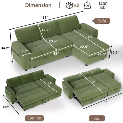 Divano Letto Angolare a L da 81" con Chaise Longue Contenitore, Porta USB e Schienale Regolabile