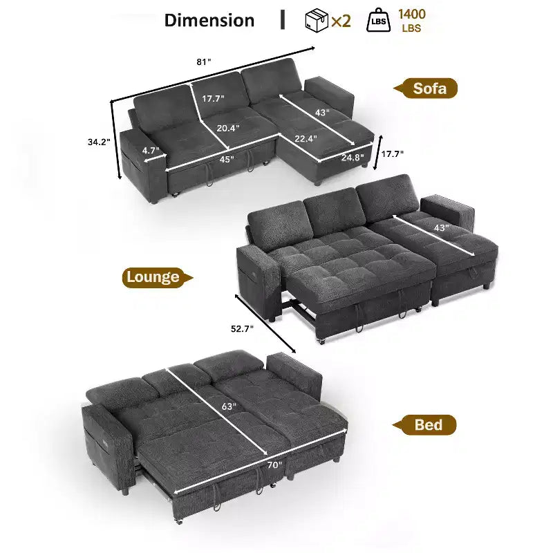 Divano Letto Angolare a L da 81" con Chaise Longue Contenitore, Porta USB e Schienale Regolabile