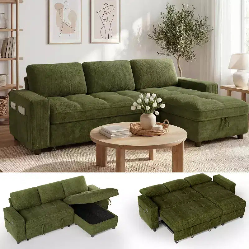 Divano Letto Angolare a L da 81" con Chaise Longue Contenitore, Porta USB e Schienale Regolabile