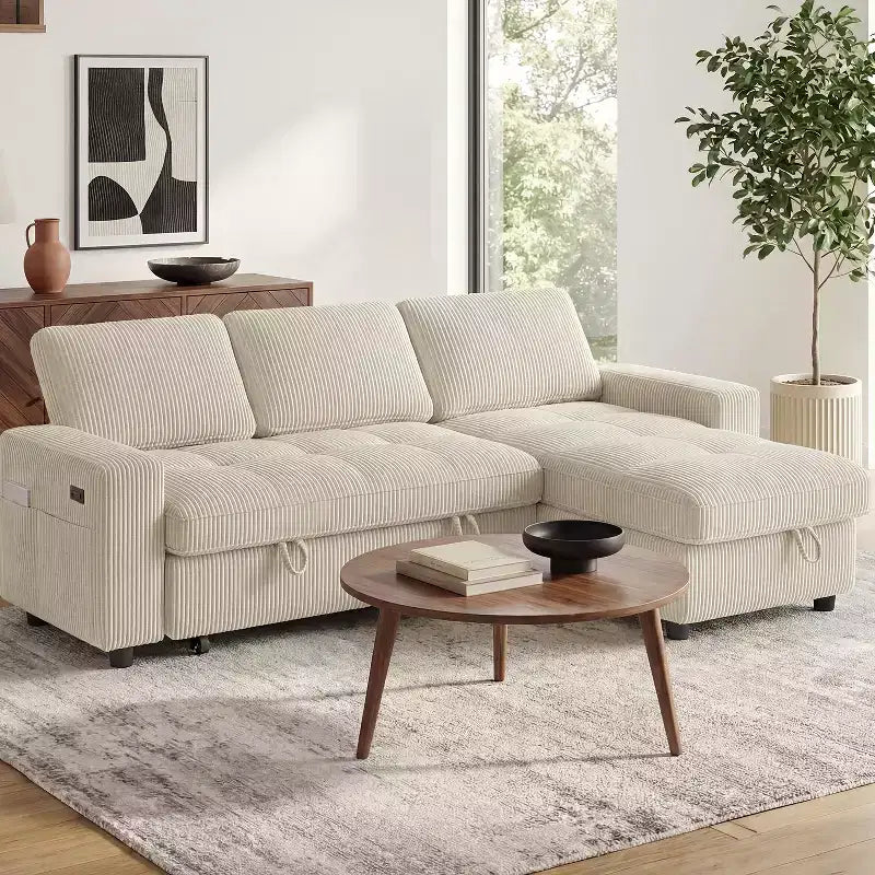 Divano Letto Angolare a L da 81" con Chaise Longue Contenitore, Porta USB e Schienale Regolabile