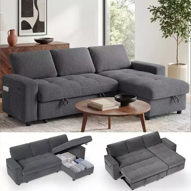 Divano Letto Angolare a L da 81" con Chaise Longue Contenitore, Porta USB e Schienale Regolabile