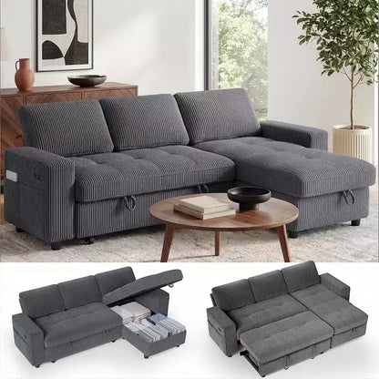 Divano Letto Angolare a L da 81" con Chaise Longue Contenitore, Porta USB e Schienale Regolabile
