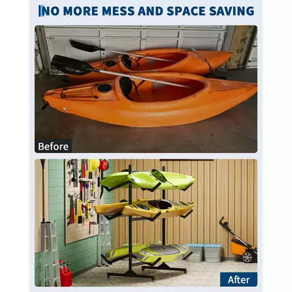 Portapacchi autoportante per kayak per impieghi gravosi, supporto in acciaio regolabile, ruote mobili, cinghie per appendere, supporto multi-kayak tipo S