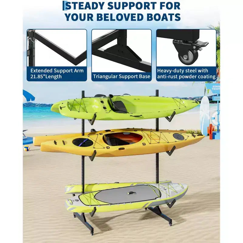 Portapacchi autoportante per kayak per impieghi gravosi, supporto in acciaio regolabile, ruote mobili, cinghie per appendere, supporto multi-kayak tipo S
