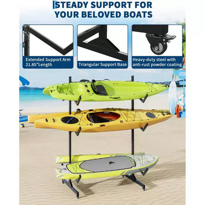 Portapacchi autoportante per kayak per impieghi gravosi, supporto in acciaio regolabile, ruote mobili, cinghie per appendere, supporto multi-kayak tipo S