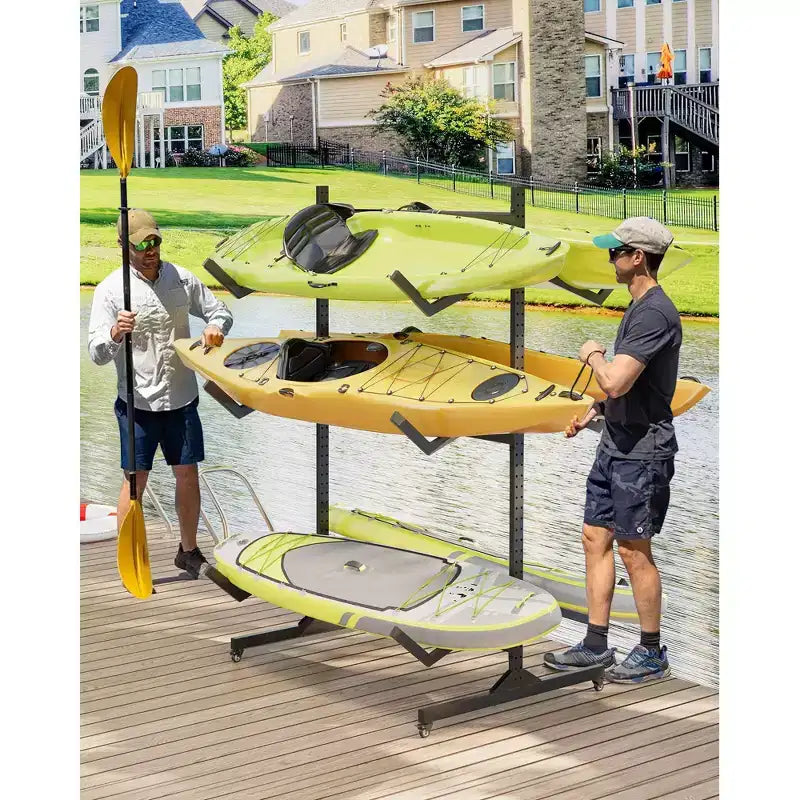Portapacchi autoportante per kayak per impieghi gravosi, supporto in acciaio regolabile, ruote mobili, cinghie per appendere, supporto multi-kayak tipo S