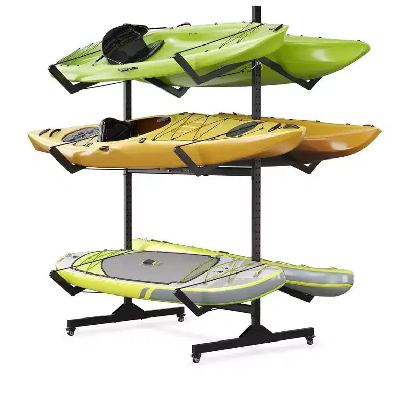 Portapacchi autoportante per kayak per impieghi gravosi, supporto in acciaio regolabile, ruote mobili, cinghie per appendere, supporto multi-kayak tipo S