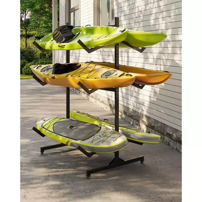 Portapacchi autoportante per kayak per impieghi gravosi, supporto in acciaio regolabile, ruote mobili, cinghie per appendere, supporto multi-kayak tipo S