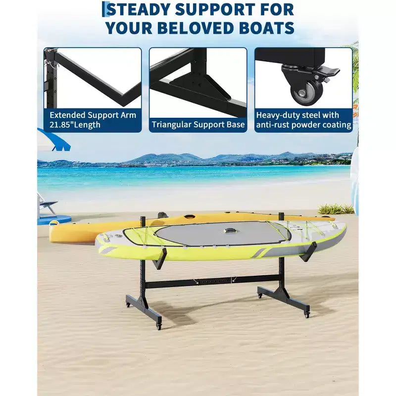 Portapacchi autoportante per kayak per impieghi gravosi, supporto in acciaio regolabile, ruote mobili, cinghie per appendere, supporto multi-kayak tipo S