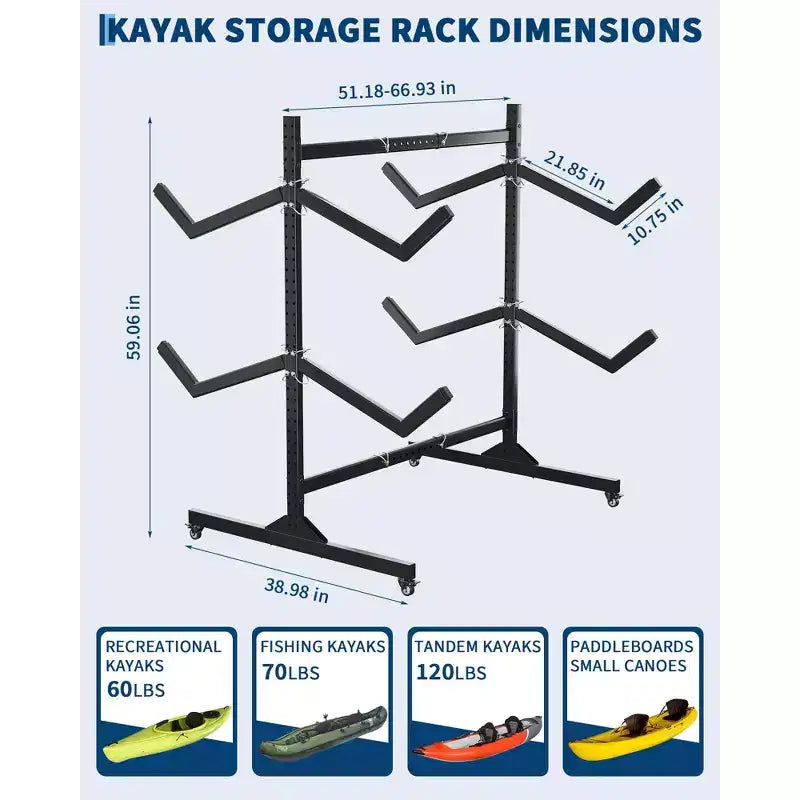 Portapacchi autoportante per kayak per impieghi gravosi, supporto in acciaio regolabile, ruote mobili, cinghie per appendere, supporto multi-kayak tipo S