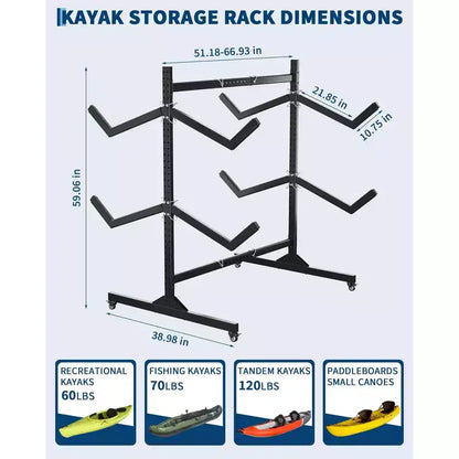 Portapacchi autoportante per kayak per impieghi gravosi, supporto in acciaio regolabile, ruote mobili, cinghie per appendere, supporto multi-kayak tipo S