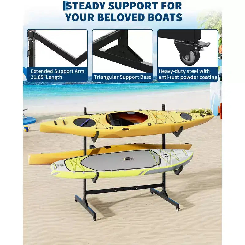 Portapacchi autoportante per kayak per impieghi gravosi, supporto in acciaio regolabile, ruote mobili, cinghie per appendere, supporto multi-kayak tipo S