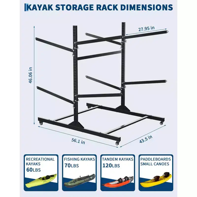 Porta Kayak Super Resistente con Ruote Bloccabili per Kayak, Canoe, Tavole da Surf e Paddleboard con Ripiani Rimovibili