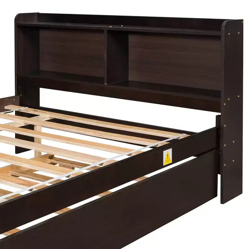Letto singolo a piattaforma con letto estraibile e testiera con contenitore – Supporto a doghe in legno, bianco