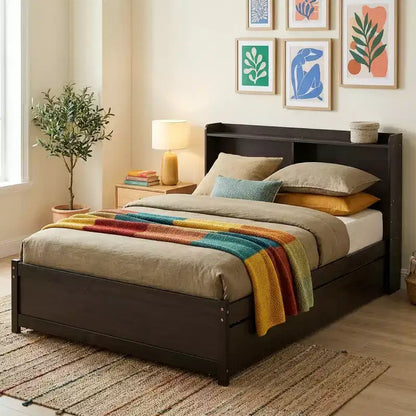 Letto singolo a piattaforma con letto estraibile e testiera con contenitore – Supporto a doghe in legno, bianco