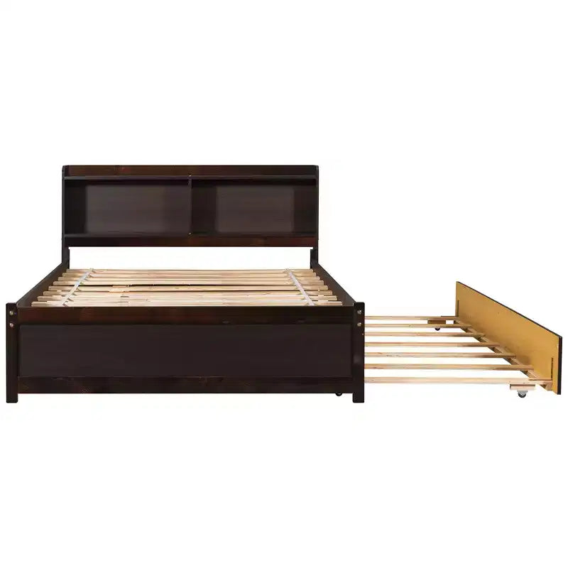 Letto singolo a piattaforma con letto estraibile e testiera con contenitore – Supporto a doghe in legno, bianco