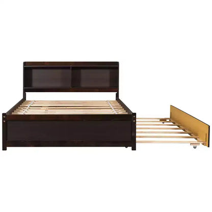 Letto singolo a piattaforma con letto estraibile e testiera con contenitore – Supporto a doghe in legno, bianco