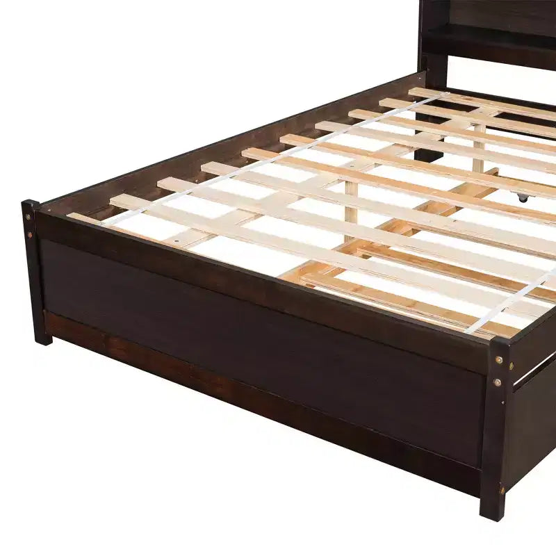 Letto singolo a piattaforma con letto estraibile e testiera con contenitore – Supporto a doghe in legno, bianco