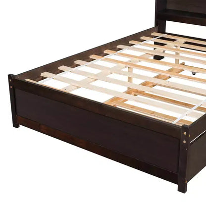 Letto singolo a piattaforma con letto estraibile e testiera con contenitore – Supporto a doghe in legno, bianco