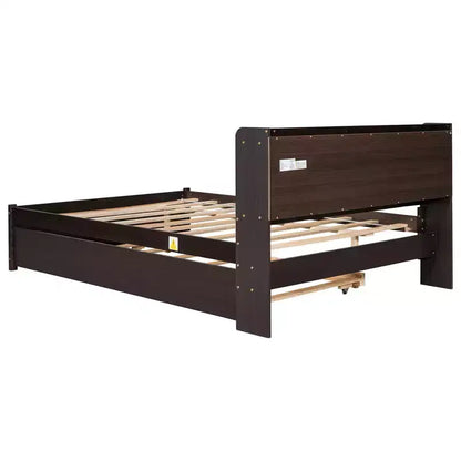 Letto singolo a piattaforma con letto estraibile e testiera con contenitore – Supporto a doghe in legno, bianco