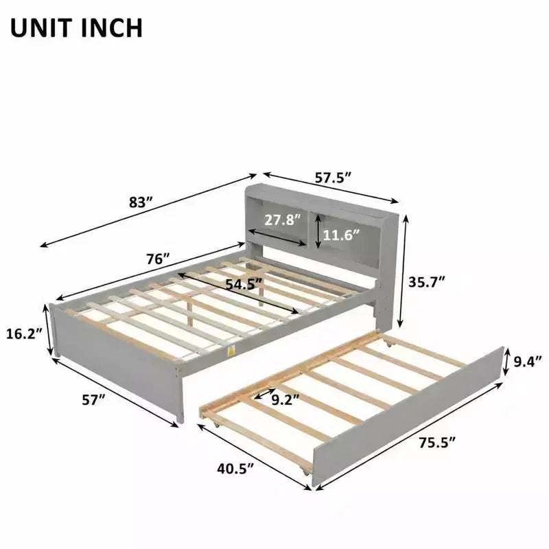 Letto singolo a piattaforma con letto estraibile e testiera con contenitore – Supporto a doghe in legno, bianco