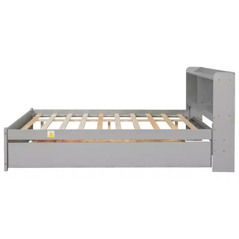 Letto singolo a piattaforma con letto estraibile e testiera con contenitore – Supporto a doghe in legno, bianco