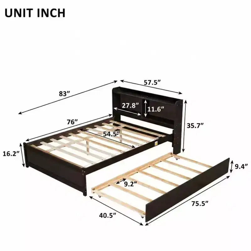 Letto singolo a piattaforma con letto estraibile e testiera con contenitore – Supporto a doghe in legno, bianco