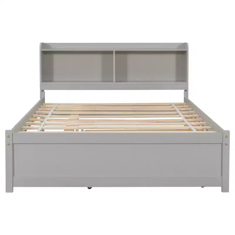 Letto singolo a piattaforma con letto estraibile e testiera con contenitore – Supporto a doghe in legno, bianco