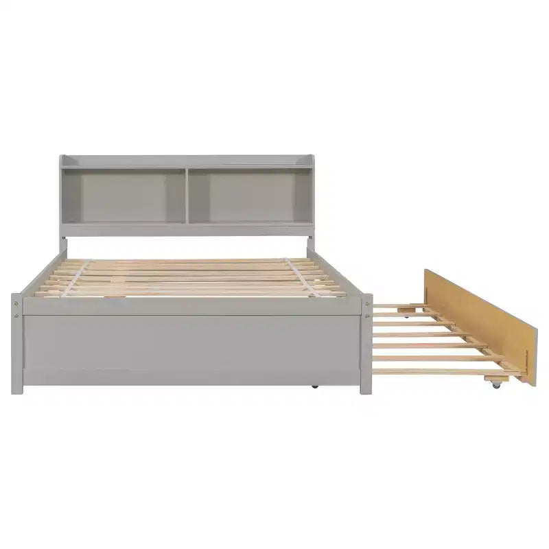 Letto singolo a piattaforma con letto estraibile e testiera con contenitore – Supporto a doghe in legno, bianco