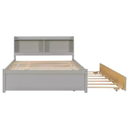 Letto singolo a piattaforma con letto estraibile e testiera con contenitore – Supporto a doghe in legno, bianco