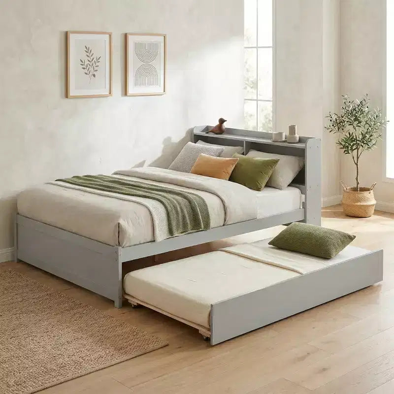 Letto singolo a piattaforma con letto estraibile e testiera con contenitore – Supporto a doghe in legno, bianco