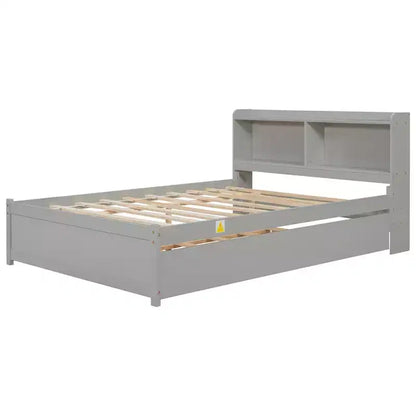 Letto singolo a piattaforma con letto estraibile e testiera con contenitore – Supporto a doghe in legno, bianco
