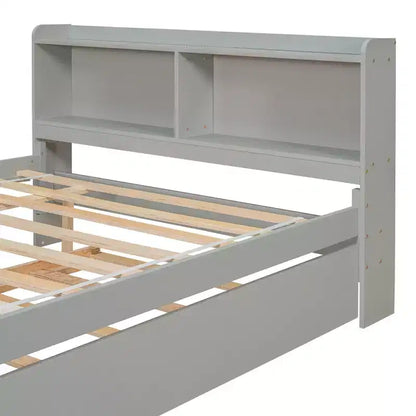 Letto singolo a piattaforma con letto estraibile e testiera con contenitore – Supporto a doghe in legno, bianco