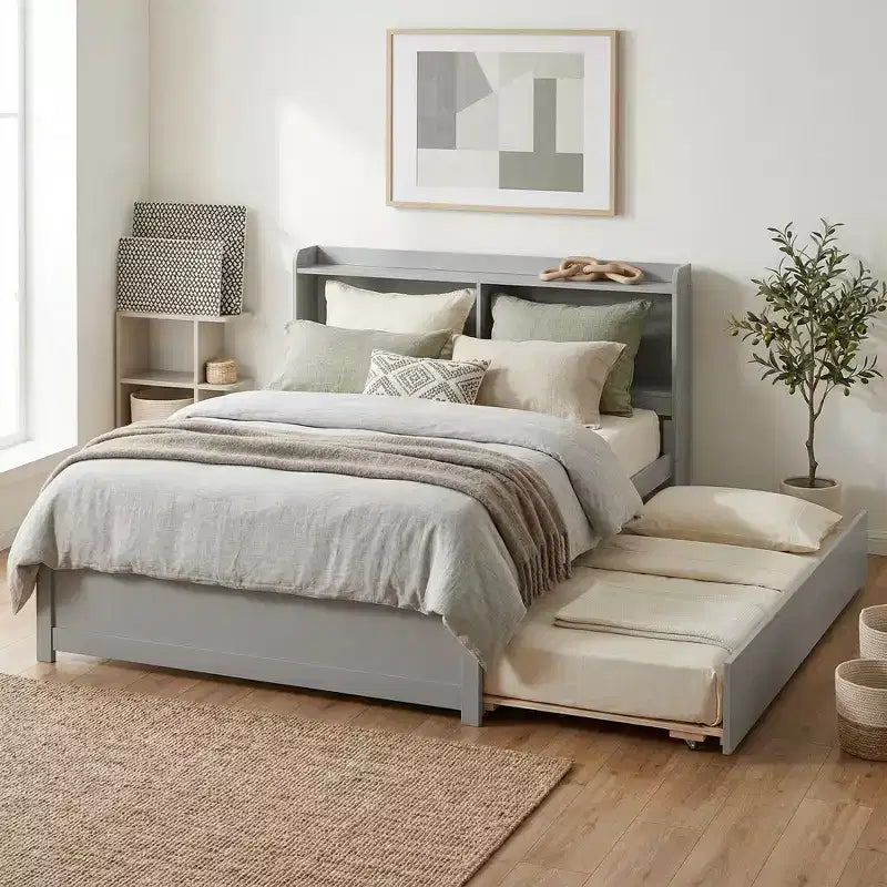 Letto singolo a piattaforma con letto estraibile e testiera con contenitore – Supporto a doghe in legno, bianco