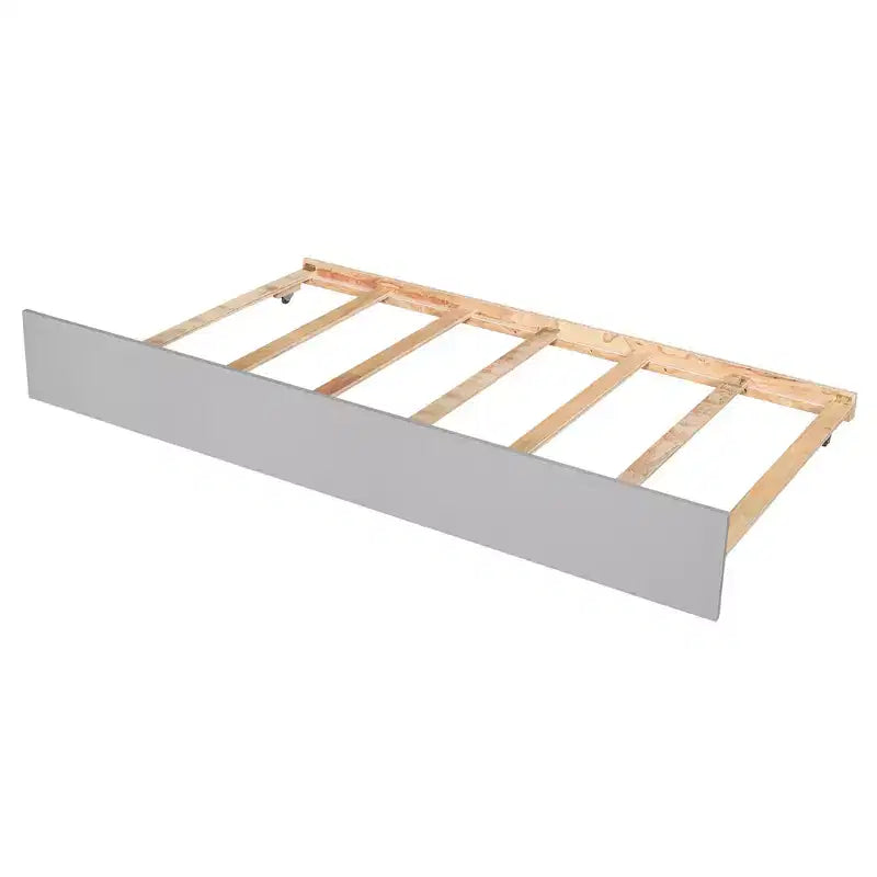 Letto singolo a piattaforma con letto estraibile e testiera con contenitore – Supporto a doghe in legno, bianco