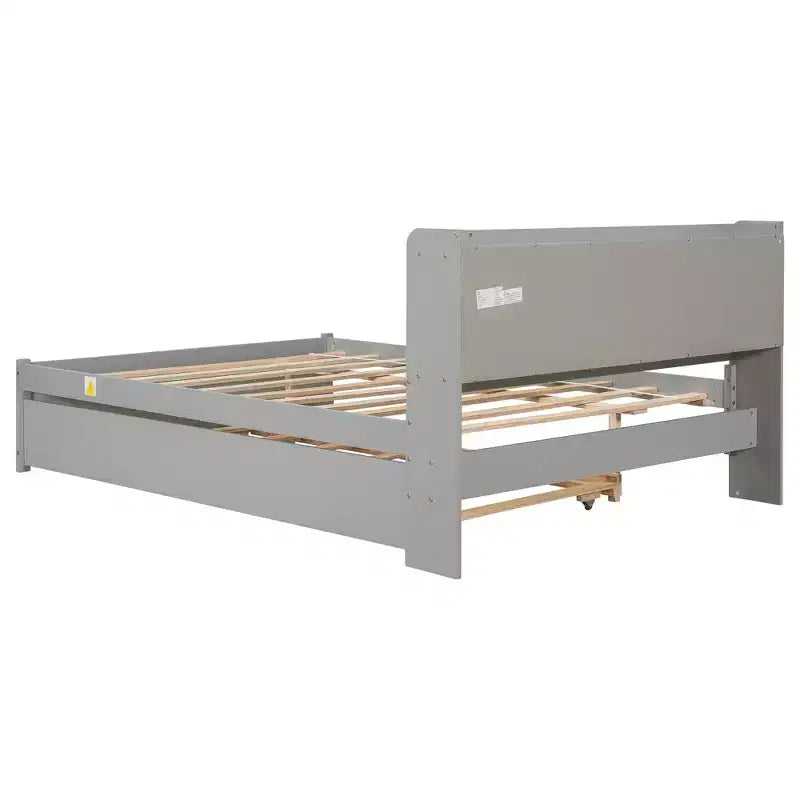 Letto singolo a piattaforma con letto estraibile e testiera con contenitore – Supporto a doghe in legno, bianco