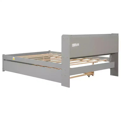 Letto singolo a piattaforma con letto estraibile e testiera con contenitore – Supporto a doghe in legno, bianco