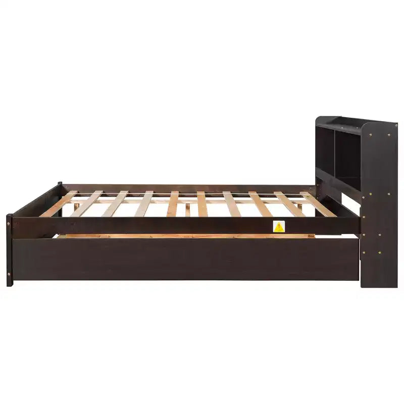 Letto singolo a piattaforma con letto estraibile e testiera con contenitore – Supporto a doghe in legno, bianco