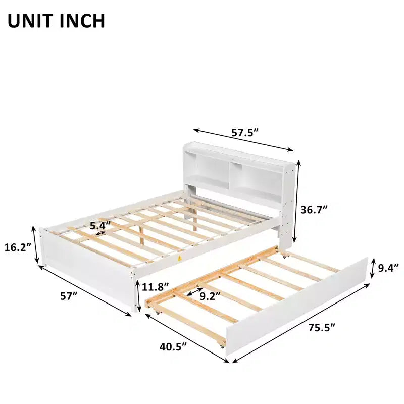 Letto singolo a piattaforma con letto estraibile e testiera con contenitore – Supporto a doghe in legno, bianco