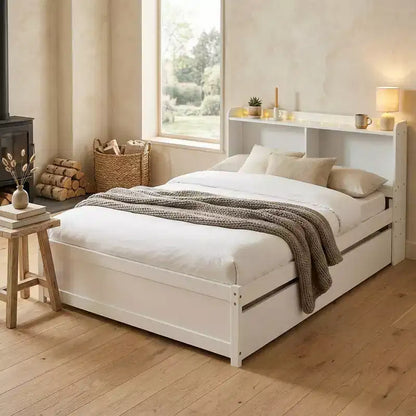 Letto singolo a piattaforma con letto estraibile e testiera con contenitore – Supporto a doghe in legno, bianco
