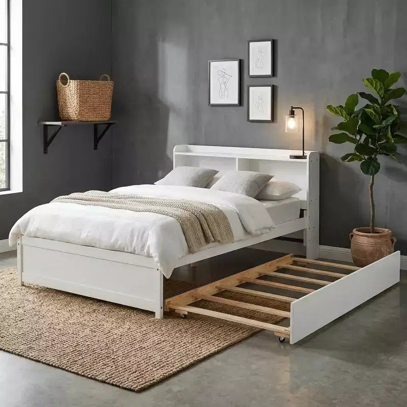 Letto singolo a piattaforma con letto estraibile e testiera con contenitore – Supporto a doghe in legno, bianco