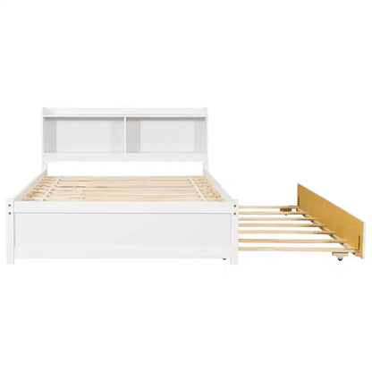 Letto singolo a piattaforma con letto estraibile e testiera con contenitore – Supporto a doghe in legno, bianco