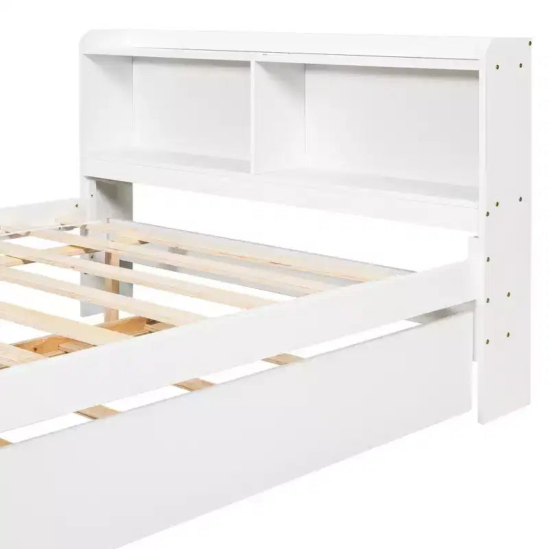 Letto singolo a piattaforma con letto estraibile e testiera con contenitore – Supporto a doghe in legno, bianco
