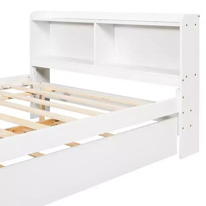 Letto singolo a piattaforma con letto estraibile e testiera con contenitore – Supporto a doghe in legno, bianco