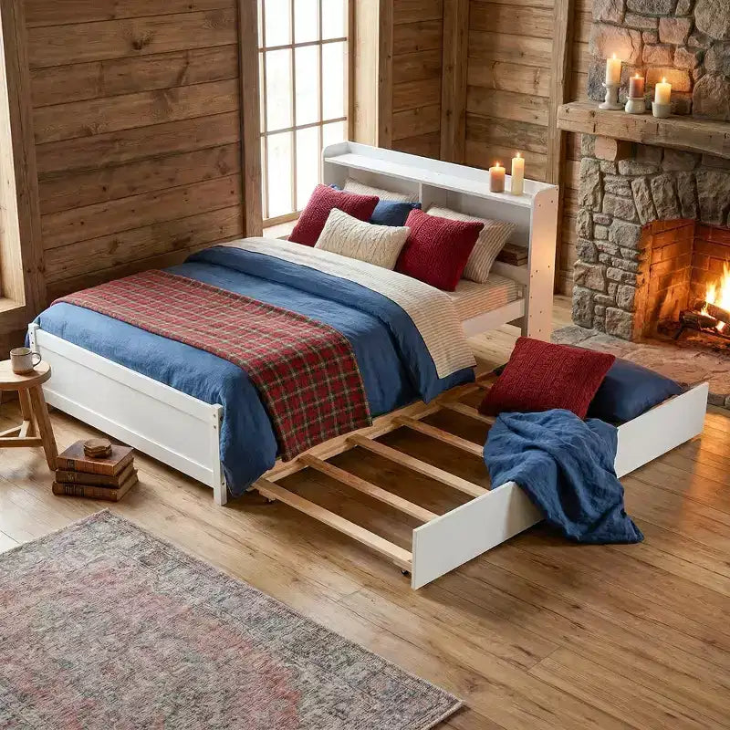 Letto singolo a piattaforma con letto estraibile e testiera con contenitore – Supporto a doghe in legno, bianco