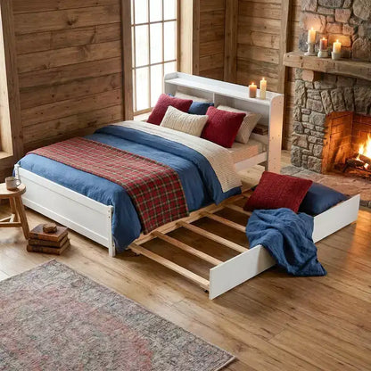 Letto singolo a piattaforma con letto estraibile e testiera con contenitore – Supporto a doghe in legno, bianco
