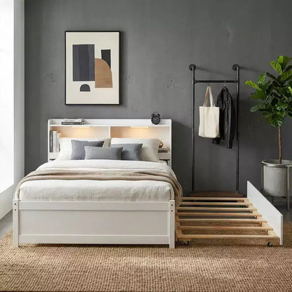 Letto singolo a piattaforma con letto estraibile e testiera con contenitore – Supporto a doghe in legno, bianco