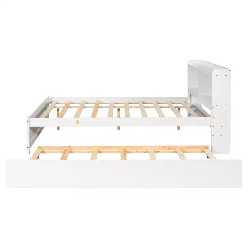 Letto singolo a piattaforma con letto estraibile e testiera con contenitore – Supporto a doghe in legno, bianco